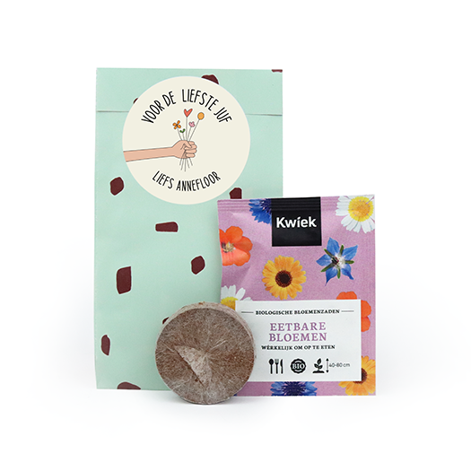 Zaden in cadeauzakje met sticker
