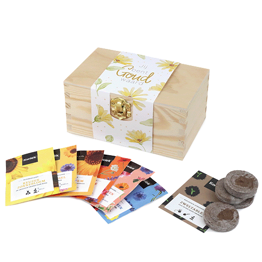 Zaden in houtenkistje