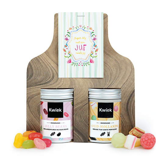 Super blij met een juf zoals jij - Snoeptas met twee blikjes snoep // Mijksje 