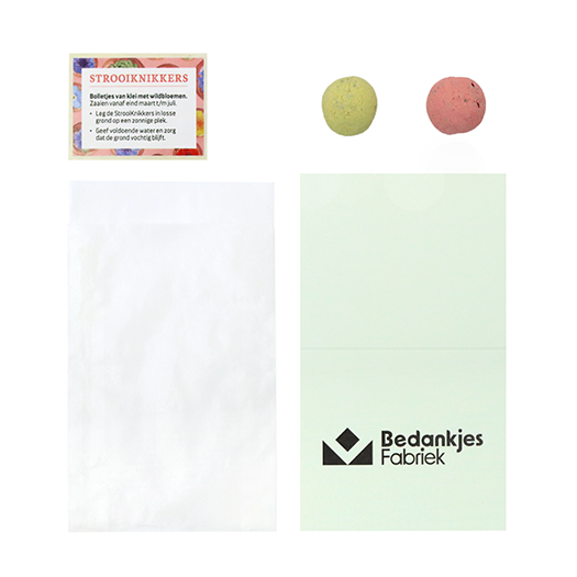 Zaadbommetjes in pergamijn zakje met klapkaartje - Inhoudsfoto