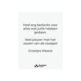 Zaden in bioplatic zakje - Achterkant met persoonlijke tekst