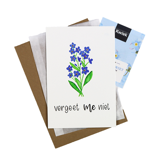 Bloemenzaden met kaart 'Vergeet me niet' verpakt in pergamijn zakje