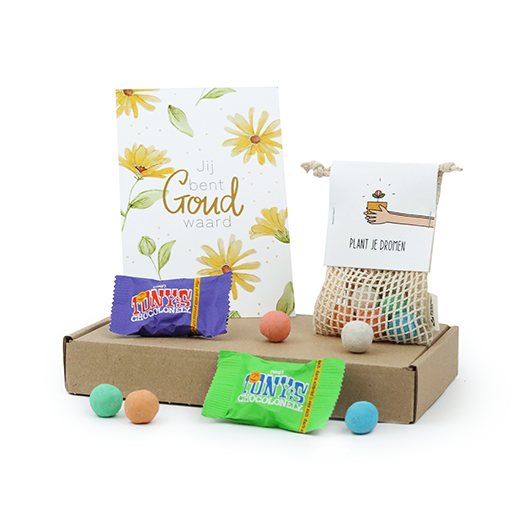 Brievenbus bedankje - Zaadbommetjes in netzakje met ansichtkaart