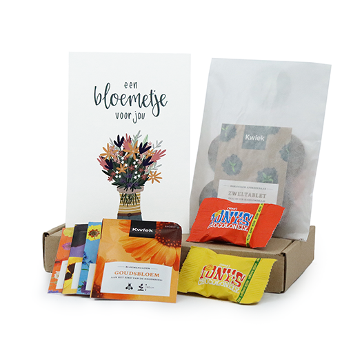 Brievenbus bedankje - zadenpakket (4 zakjes) met zweltabletten met ansichtkaart