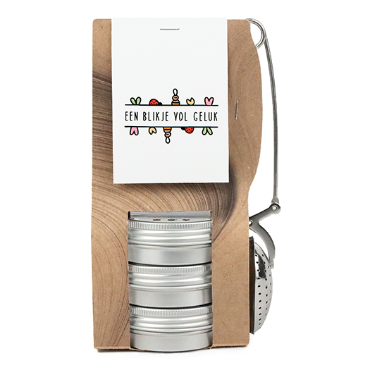 Een blik vol geluk - Theetas met 3 blikjes en  thee-ei knijper // Eef