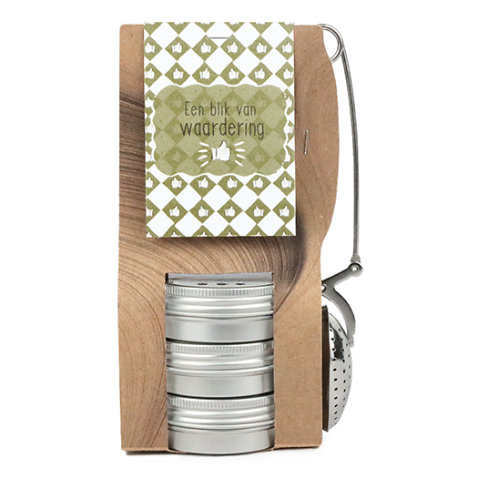 Een blik van waardering - Theetas met 3 blikjes en  thee-ei knijper // Mijksje