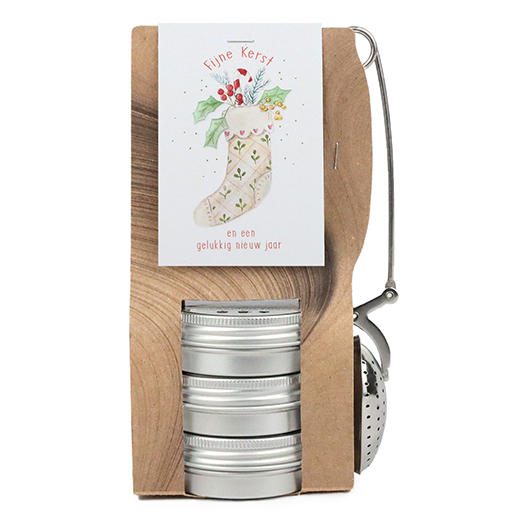 Fijne kerst en een gelukkig nieuwjaar - Theetas met 3 blikjes en thee-ei knijper // Mijksje