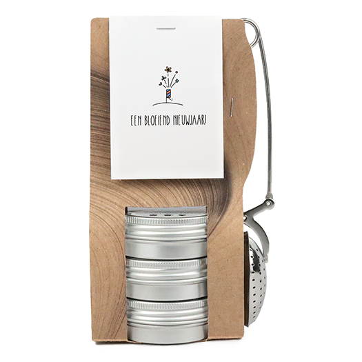 Een bloeiend nieuwjaar - Theetas met 3 blikjes en thee-ei knijper // Eef