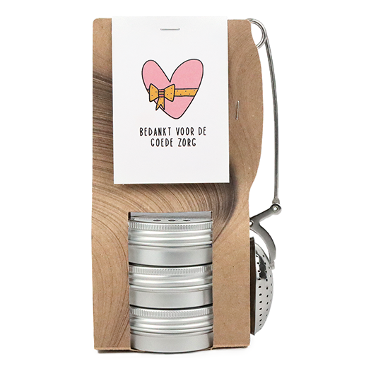 Bedankt voor de goede zorg - Theetas met 3 blikjes en thee-ei knijper // Eef