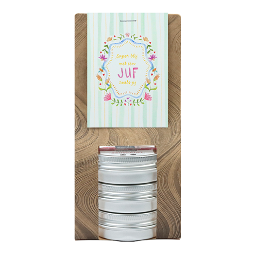 Super blij met een juf zoals jij - Kaarsenzandtas met 3 blikjes // Mijksje