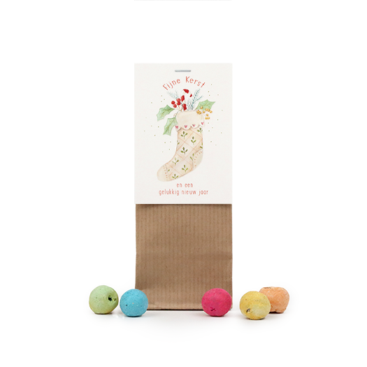 Zaadbommetjes in kraft stazakje - Fijne kerst en een gelukkig nieuwjaar - Hoofdfoto