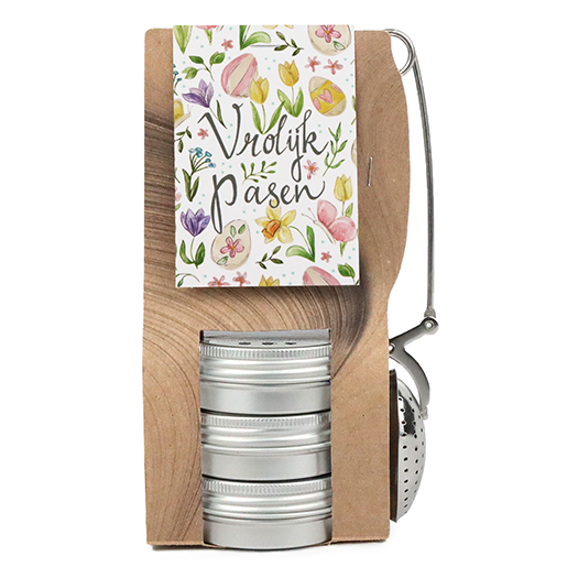 Theetas met 3 blikjes en thee-ei knijper - Vrolijk Pasen - Hoofdfoto