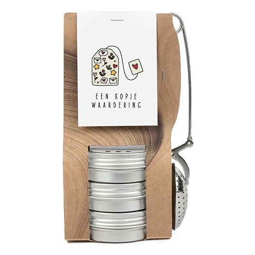 Theetas met 3 blikjes en thee-ei knijper - Een kopje waardering - Hoofdfoto