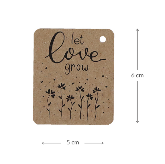 Kraftlabel 50 x 60 mm met boorgat met de tekst &#039;Let love grow&#039; - Maatgeving