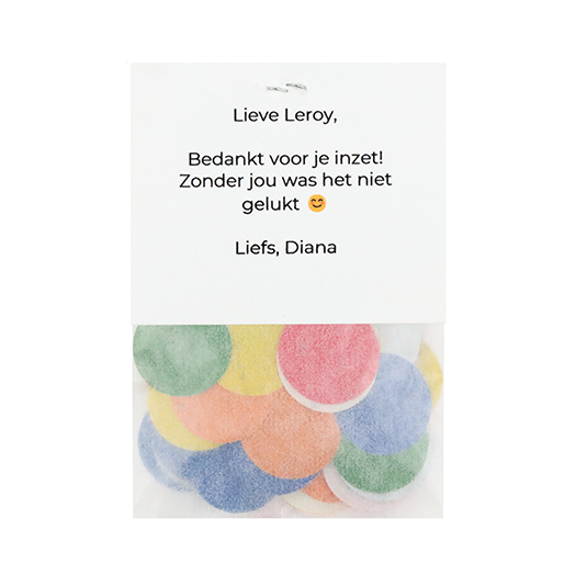 Samen groeien we verder - Groeiconfetti in pergamijn zakje met klapkaartje // Rond