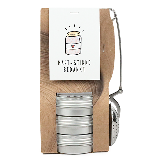 Hartstikke bedankt - Theetas met 3 blikjes en  thee-ei knijper // Eef