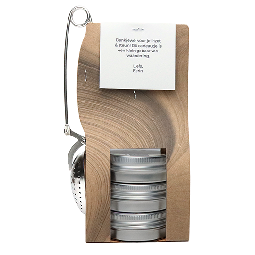 Bedankt voor je komst - Theetas met 3 blikjes en thee-ei knijper // Maartje