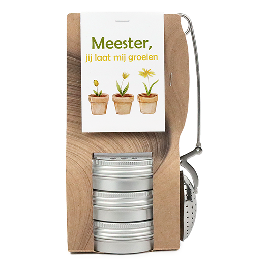 Meester, jij laat mij groeien - Theetas met 3 blikjes en thee-ei knijper // Mijksje