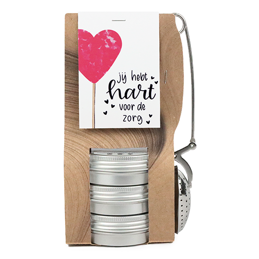 Jij hebt hart voor de zorg - Theetas met 3 blikjes en thee-ei knijper // Maartje