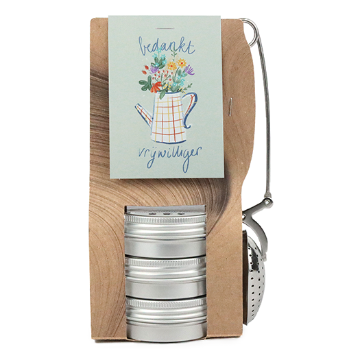 Bedankt vrijwilliger - Theetas met 3 blikjes en thee-ei knijper // Mijksje