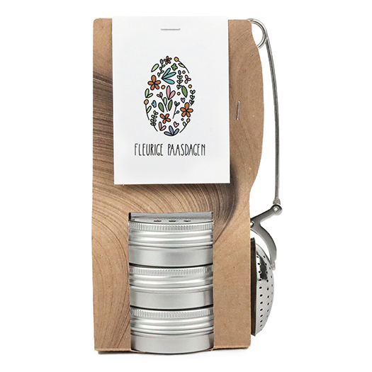 Fleurige paasdagen - Theetas met 3 blikjes en thee-ei knijper // Eef