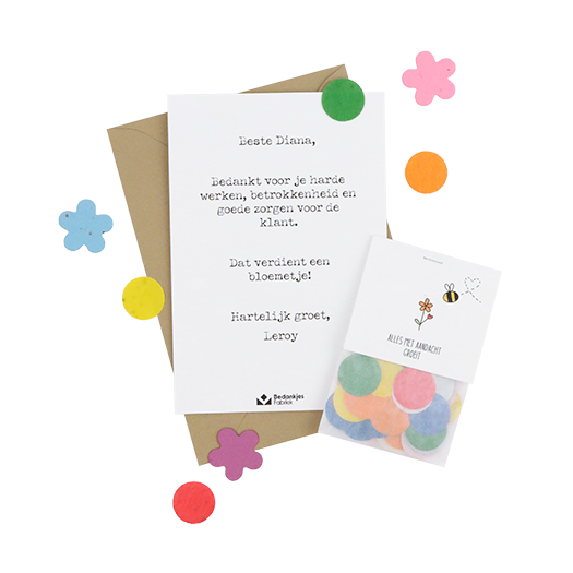 Brievenbus bedankje; groeiconfetti in pergamijn zakje met ansichtkaart in kraft envelop