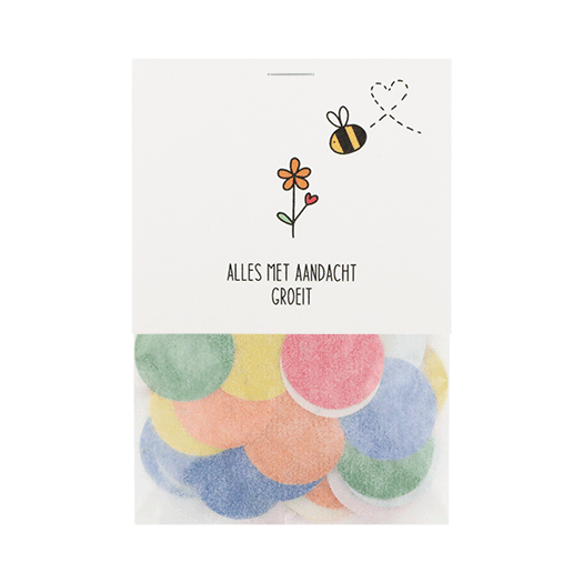 Brievenbus bedankje; groeiconfetti in pergamijn zakje met ansichtkaart in kraft envelop