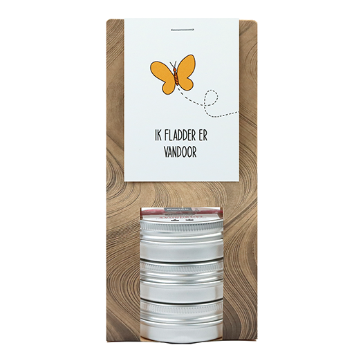 Ik fladder er vandoor - Kaarsenzandtas met 3 blikjes // Eef