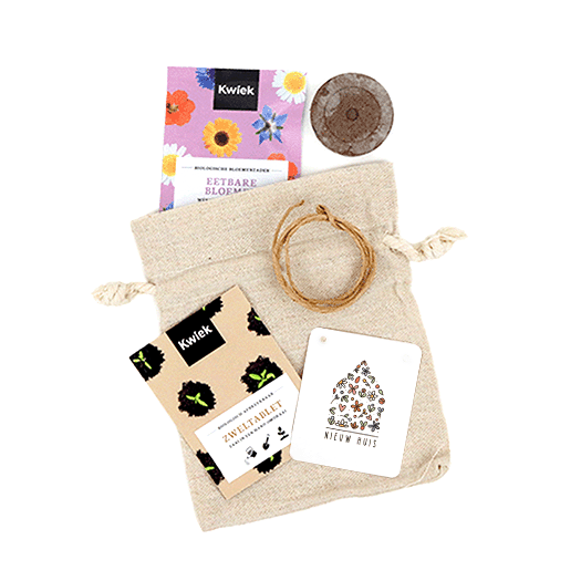 Inhoudsfoto bedankje zaden in linnen zakje met de tekst 'Nieuw huis'