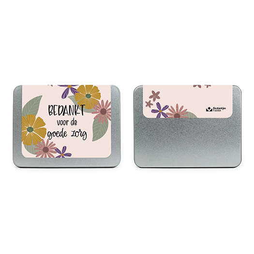 Geschenkenblik - Voor- en achterkant 'Bedankt voor de goede zorg' wikkel