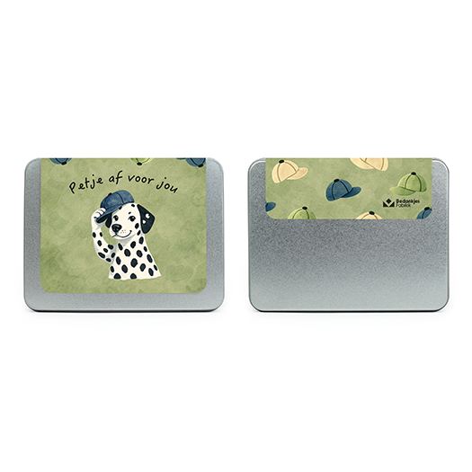Geschenkenblik - Voor- en achterkant 'Petje af voor jou' wikkel