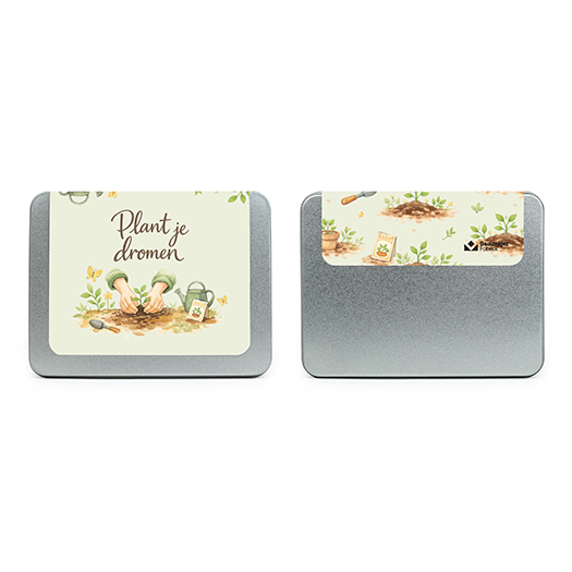 Geschenkenblik - Voor- en achterkant 'Plant je dromen' wikkel