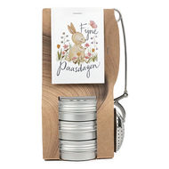 Theetas met 3 blikjes en thee-ei knijper - Fijne Paasdagen - Hoofdfoto